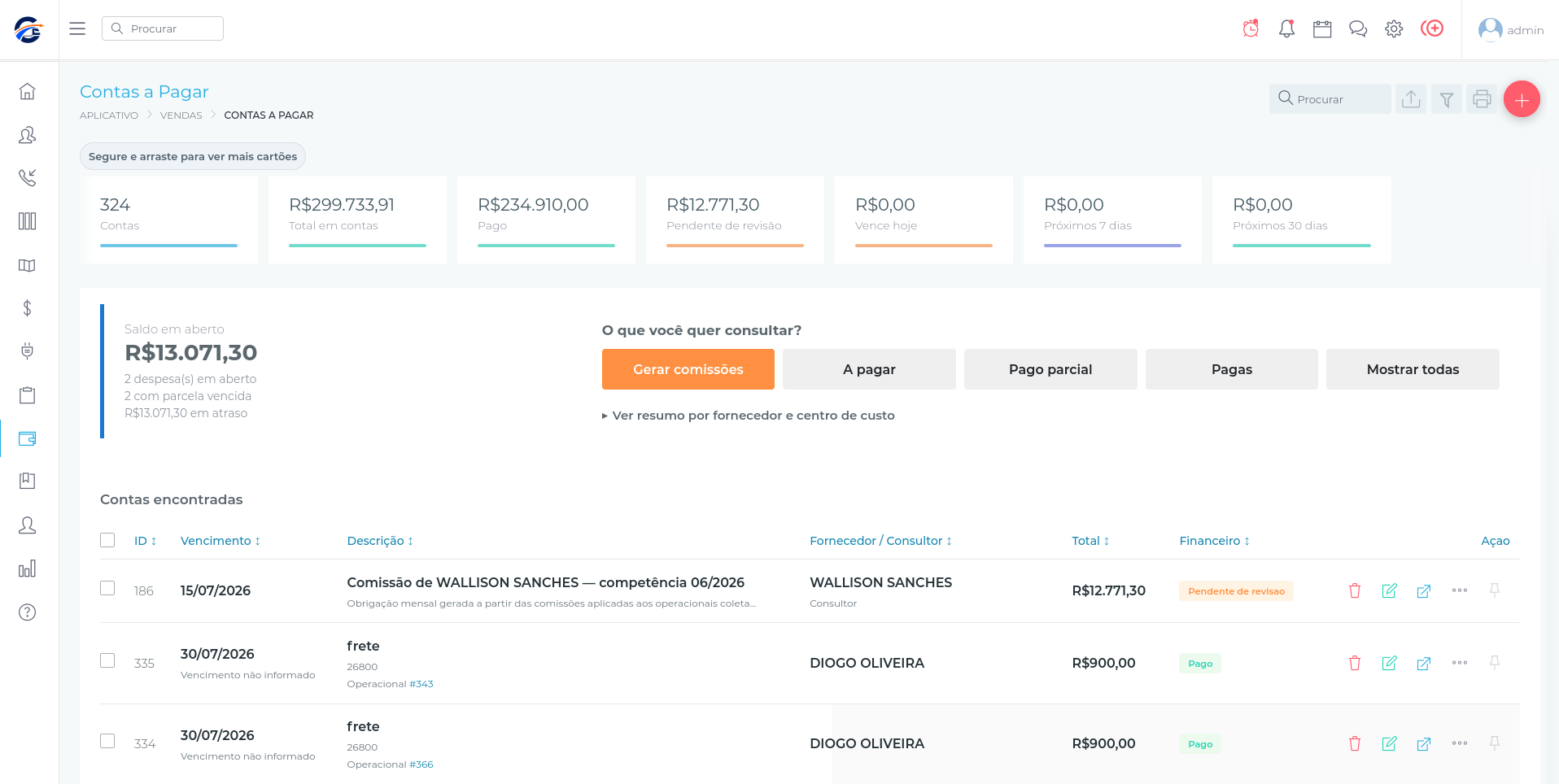 Tela real de contas a pagar do Cargo CRM com resumo financeiro e lançamentos