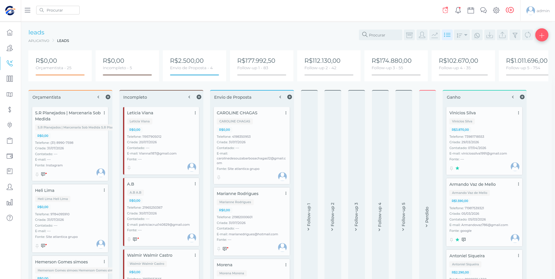 Kanban comercial real do Cargo CRM com etapas e oportunidades de venda