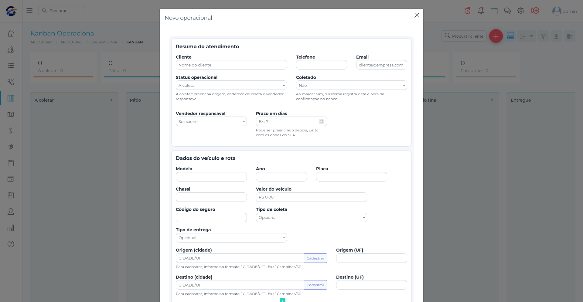 Tela real do Cargo CRM para cadastro operacional, veículo e rota
